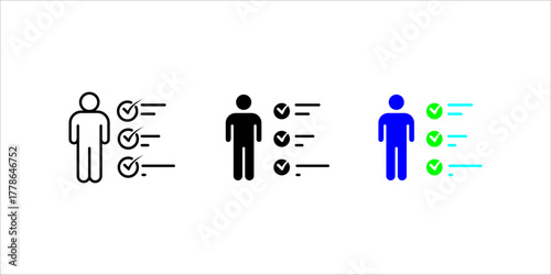 Solid black vector icon illustration showing a silhouette of a person (man) standing next to a checklist with three prominent check marks (ticks) on the line items. This signifies task completion, goa