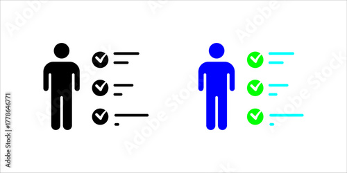 Solid black vector icon illustration showing a silhouette of a person (man) standing next to a checklist with three prominent check marks (ticks) on the line items. This signifies task completion, goa