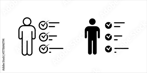 Solid black vector icon illustration showing a silhouette of a person (man) standing next to a checklist with three prominent check marks (ticks) on the line items. This signifies task completion, goa