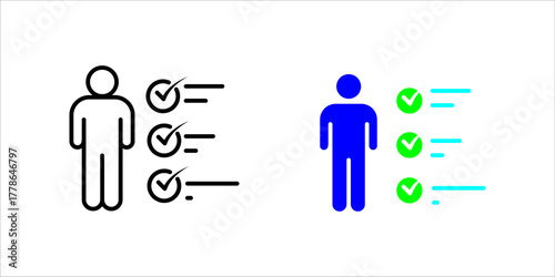 Solid black vector icon illustration showing a silhouette of a person (man) standing next to a checklist with three prominent check marks (ticks) on the line items. This signifies task completion, goa