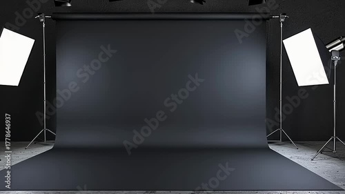 Professional Black Studio Background with Lighting Setup for Photography and Videography