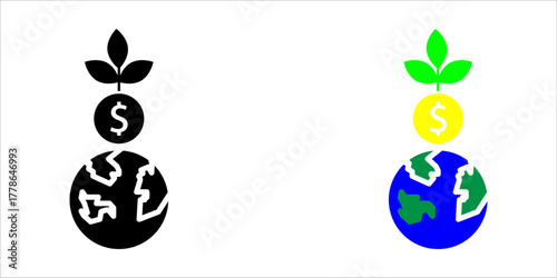 Vector icon illustration showing three styles (outline, solid, and color) of a stack: the Earth/globe at the bottom, a dollar/money coin in the middle, and a growing plant/leaf on top. This symbolizes