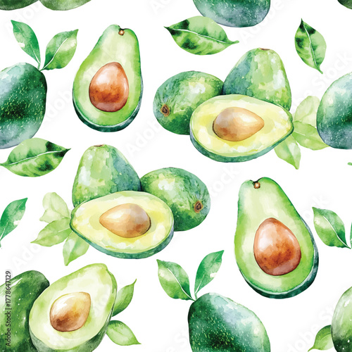 watercolor avocado fruit seamless pattern, whole and halved hand drawn illustration wallpaper background