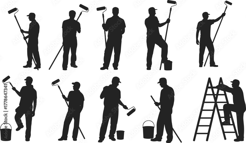 Obraz premium Male painter silhouettes using paint rollers, standing on ladders, holding paint buckets, wearing caps, painting walls, work, home renovation, construction, labor, tools, industry