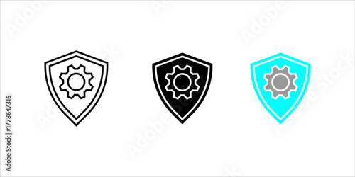 Security_Settings_Shield_Gear_Icon Vector icon illustration showing two styles (outline and solid fill) This symbolizes Artificial Intelligence processing, advanced technology chip, machine learning d