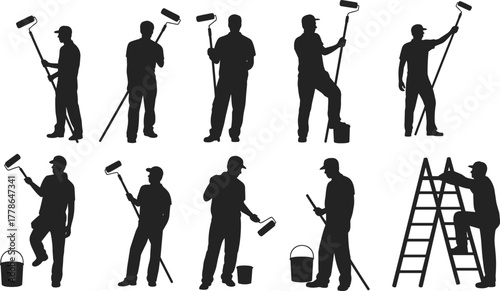 Male painter silhouettes using paint rollers, standing on ladders, holding paint buckets, wearing caps, painting walls, work, home renovation, construction, labor, tools, industry