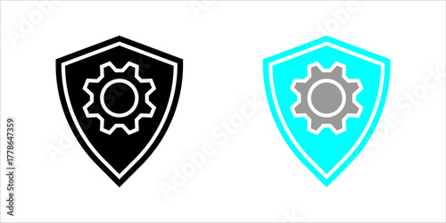Security_Settings_Shield_Gear_Icon Vector icon illustration showing two styles (outline and solid fill) This symbolizes Artificial Intelligence processing, advanced technology chip, machine learning d