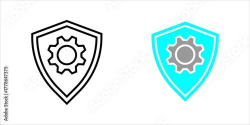 Security_Settings_Shield_Gear_Icon Vector icon illustration showing two styles (outline and solid fill) This symbolizes Artificial Intelligence processing, advanced technology chip, machine learning d