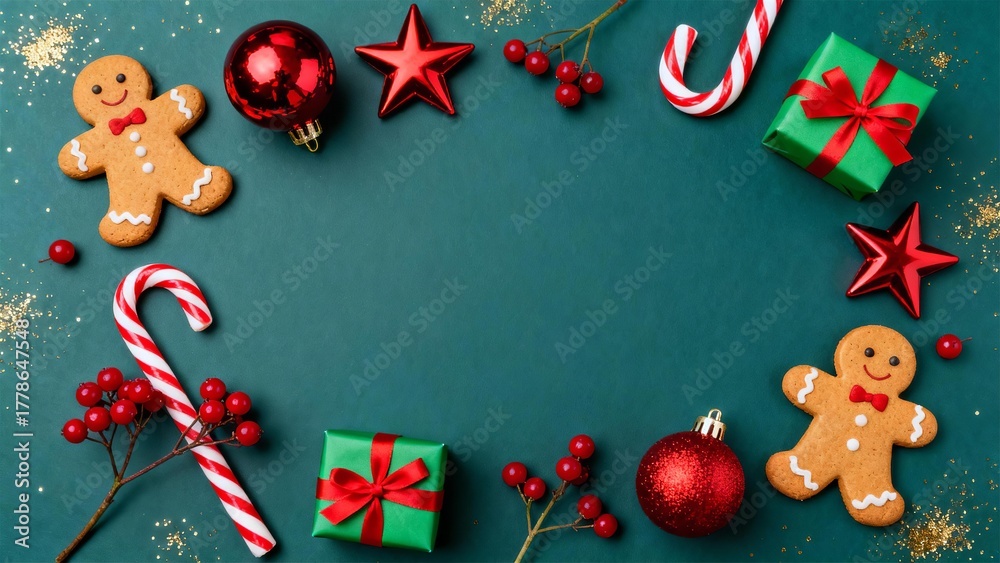 Fototapeta premium Christmas Background with Gingerbread Men, Ornaments, Candy Canes, and Gifts on Green. Festive Holiday Season Still Life.