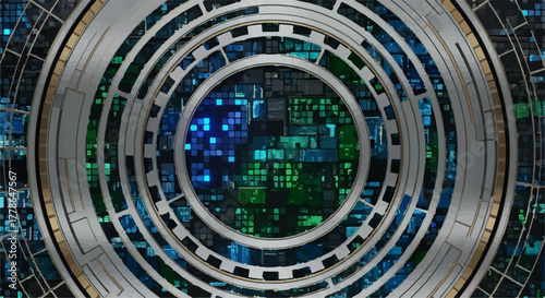 Futuristic circular interface with glowing blue and green digital circuitry