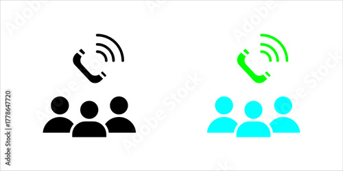 Group_Call_Conference_Outline_Solid_Icon Vector icon illustration showing two styles (outline and solid fill) of a group of three people (users) underneath a ringing telephone handset symbol. This sig
