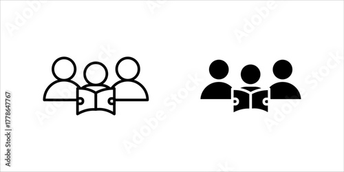 Vector icon illustration depicting a group of three people (users) with an open book in front of them, displayed in three different styles (outline, solid, and partial color). This represents a study 