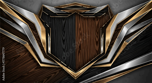 Elegant crest design with metallic gold, silver, and wood textures, symbolizing prestige and strength.