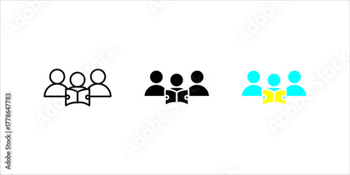 Vector icon illustration depicting a group of three people (users) with an open book in front of them, displayed in three different styles (outline, solid, and partial color). This represents a study 