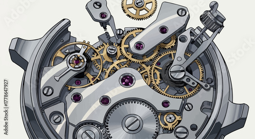 Intricate mechanical watch movement with gears and jewels, detailed engineering.