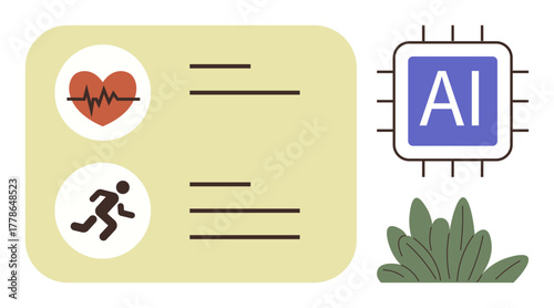 Heartbeat and running icons with health data and AI chip, emphasizing technology in fitness. Ideal for health tech, wellness apps, AI solutions, innovation, progress, fitness, simple flat metaphor