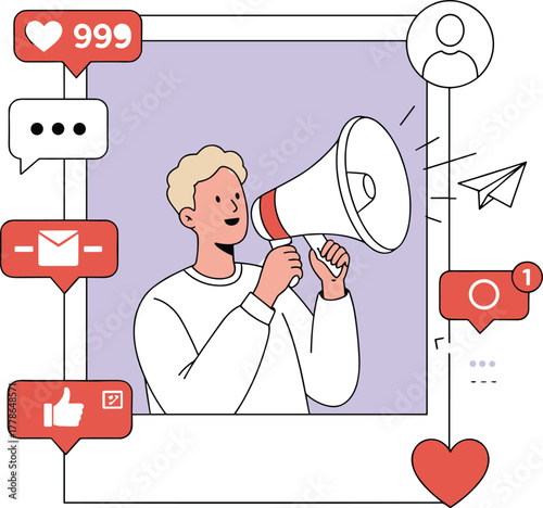Man using megaphone in social media frame, online marketing, digital promotion, influencer strategy, likes, messages, notifications, cartoon illustration, communication concept, vector design
