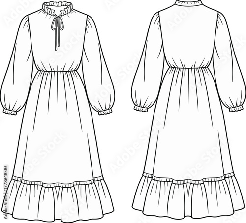 Long sleeve frill neck dress cad drawing, fashion flat sketch, vector illustration of gathered waist ruffle hem technical template