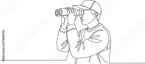 Man looking through binoculars, one line drawing, minimalist observer sketch, nature watching illustration, explorer with binoculars outline, linear observation concept art