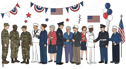 Illustration of diverse group of people in various military and civilian uniforms standing together with American flags and bunting in a patriotic