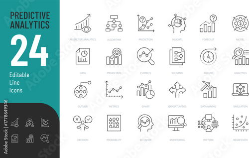 Predictive Analytics Line Editable Icons set. Vector illustration in modern thin style of business related icons: forecast, algorithm, trends, and more. Isolated on transparent background.