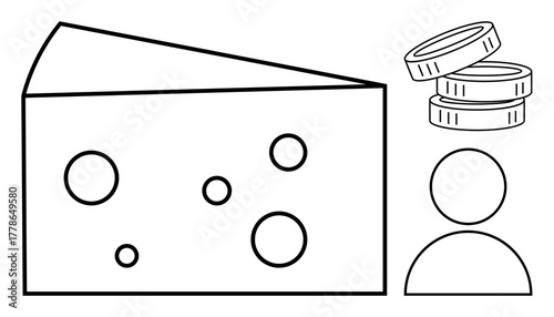 Cheese wedge with circular holes, stack of three coins, basic user profile icon. Ideal for food, finance, user preferences, choice, simplicity, minimal design flat metaphor