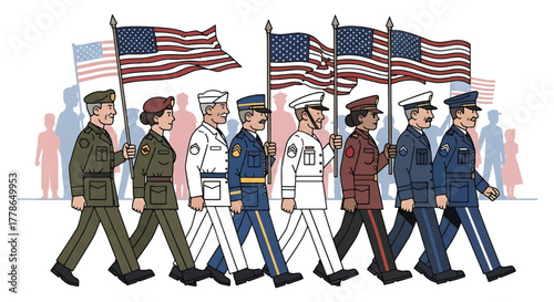 Illustration of military personnel and firefighters marching with American flags in a parade
