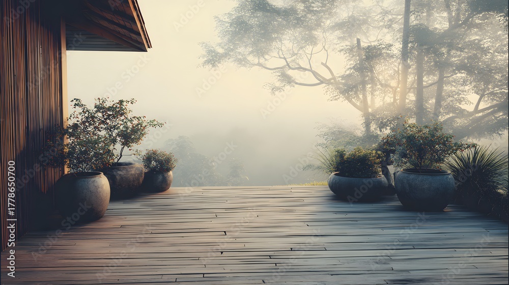 Obraz premium Wooden deck overlooks serene landscape veiled in morning mist with potted plants arranged nearby