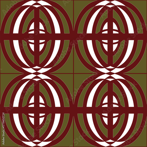 A bold symmetrical pattern featuring maroon elliptical arcs forming layered circular structures over an olive background, giving a retro architectural and geometric feel.