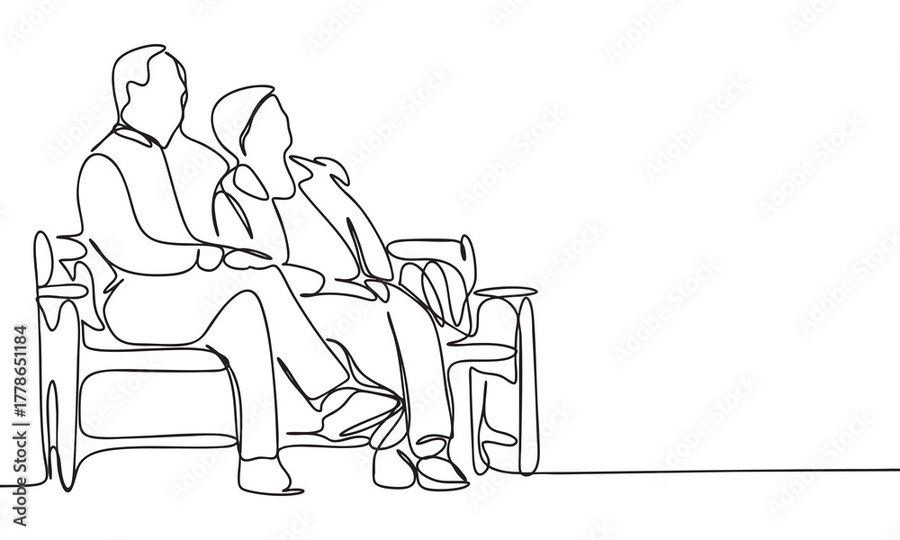 Naklejka premium Continuous Line Drawing of an Elderly Couple Sitting on a Bench