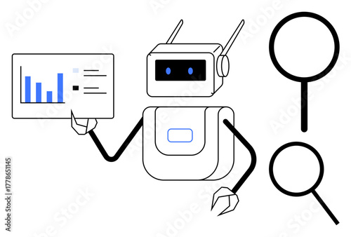 Robot holding data chart, magnifying glasses symbolizing research, analytics, and problem-solving. Ideal for technology, AI, data processing, research analysis automation innovation themes. Simple