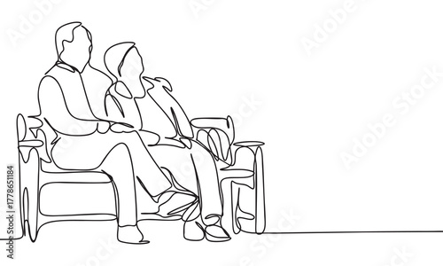 Continuous Line Drawing of an Elderly Couple Sitting on a Bench
