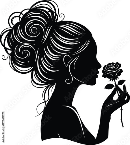 Silhouette of a woman with an elegant updo smelling a rose, isolated on white background