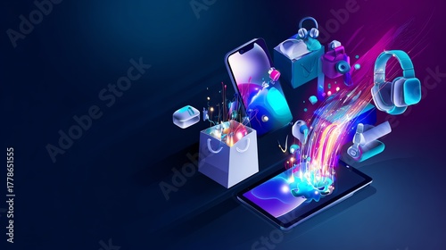 Online Shopping with Digital Devices Flying Out of Shopping Bag