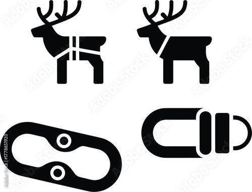 Iconic representations of a harnessed reindeer and a carabiner clip used for connecting.