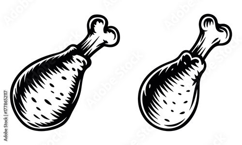 Chicken drumstick food vector illustration, roasted meat hand-drawn sketch design for culinary, restaurant, barbecue, cooking and meal concept icons, vintage food element