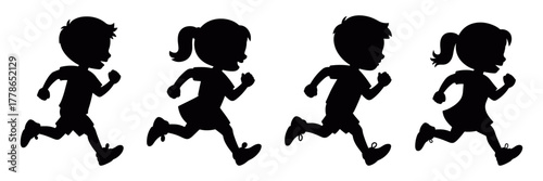 Running children silhouette vector illustration, active kids sport design, childhood activity and movement concept, fitness and outdoor exercise icon set for education visuals