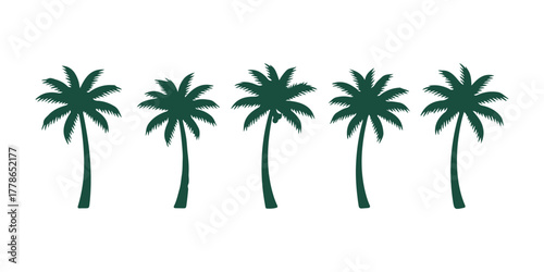 Palm trees stand alone against a white backdrop. Green Silhouettes of palms. This design is perfect for posters, banners, and promotional materials. Vector illustration.

