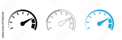 Speedometer icons. Speed indicator. Speedometers icons set. Speed guage. Risk indicator. Risk meter,Speedometer gauge showing performance level in black, white and blue,