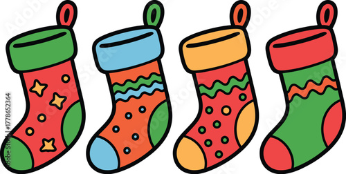 Four colorful Christmas stockings are lined up with festive patterns and decorations.