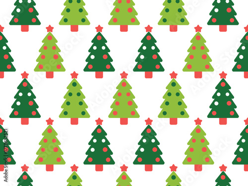A festive pattern of stylized Christmas trees with red ornaments and stars adorns a white background.