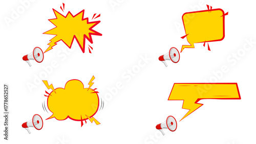 Bright Comic Megaphone Speech Bubble Set With Loud Yelling And Burst Shapes For Advertising And Marketing Concepts