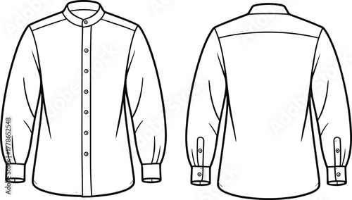 Long sleeve mandarin collar shirt front and back technical sketch, fashion cad template, buttoned design, apparel flat drawing vector
