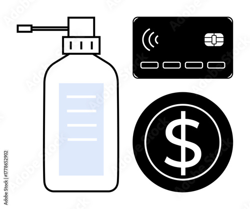Hand sanitizer bottle, contactless payment card, and dollar symbol highlight hygiene, digital transactions, and modern economy. Ideal for finance, e-commerce, health, safety business technology
