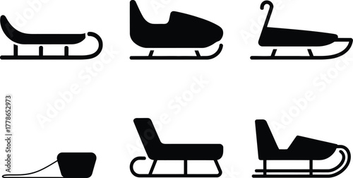 A collection of six black silhouette illustrations of various sled designs.