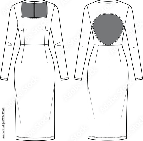Long sleeve midi bodycon dress flat sketch, back cutout detail, CAD drawing vector, technical fashion illustration, fitted silhouette design