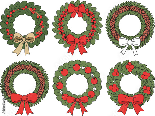Six festive Christmas wreaths with ribbons and berries are arranged in two rows on a white background.