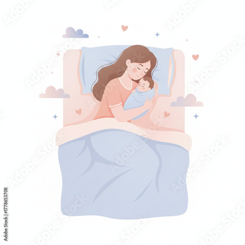 A peaceful illustration of a mother lovingly holding her baby while resting in bed, symbolizing warmth, care, and maternal love.