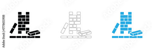 Bricks falling down from unstable wall in black, white, and blue tone,set of brick wall bricklayer logo icon symbol vector illustration, bundle and package of black brick works logos inspiration.