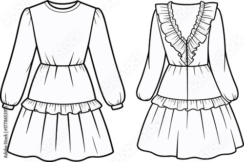Long sleeve mini dress flat sketch, CAD drawing ruffle dress design, front back view, fashion illustration for garment production